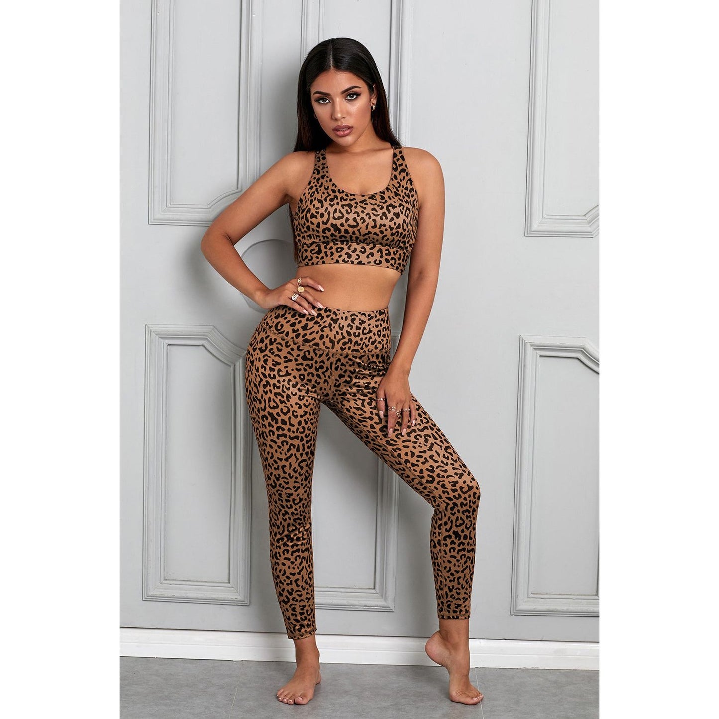 Dames bruine cheetah print sport bh broek set