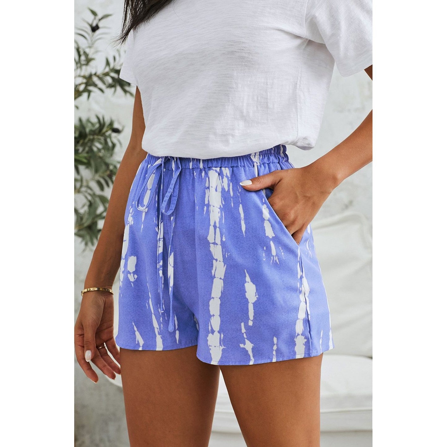 Blue White Tie Dye Drawstring Casual Shorts