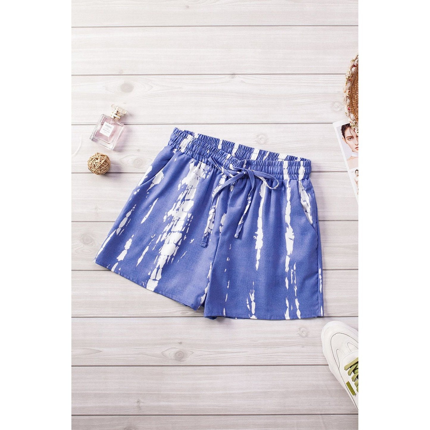 Blue White Tie Dye Drawstring Casual Shorts