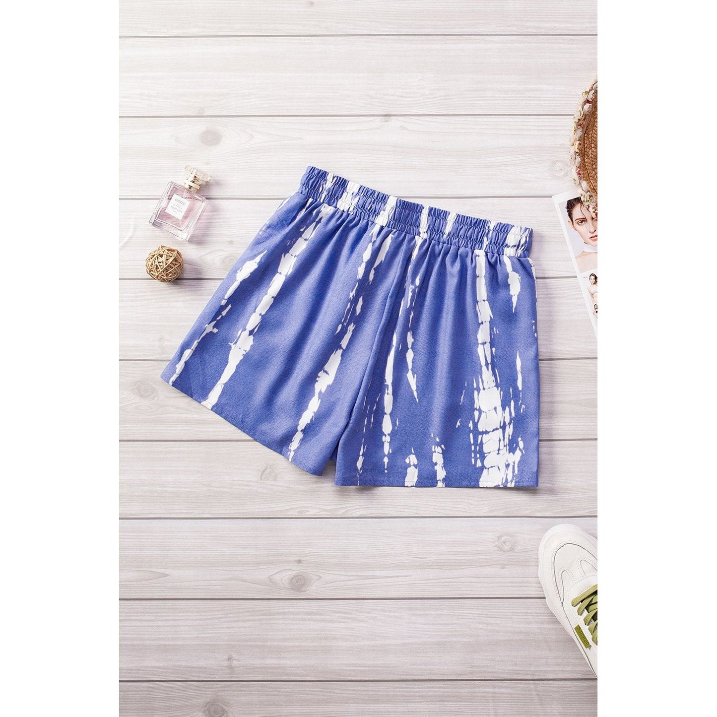 Blue White Tie Dye Drawstring Casual Shorts
