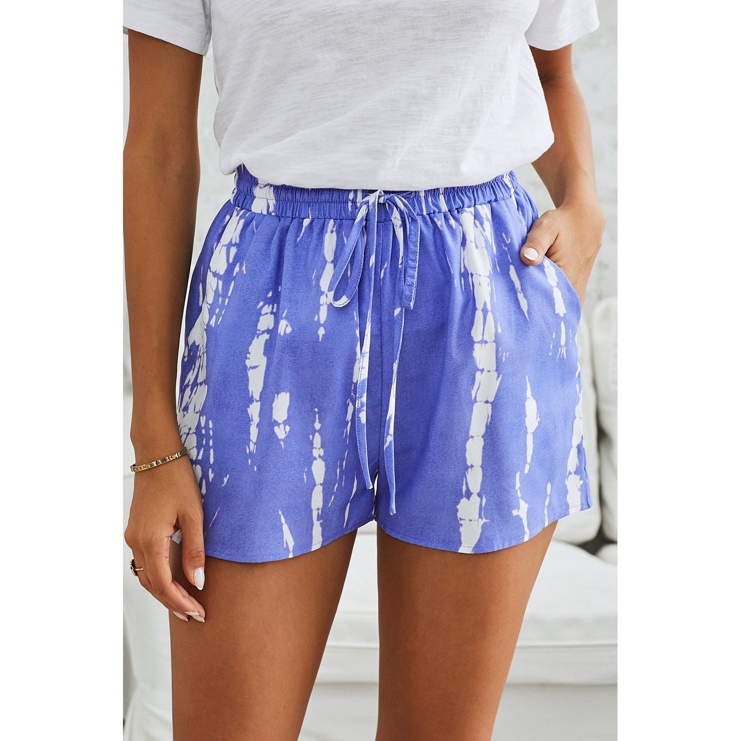 Blue White Tie Dye Drawstring Casual Shorts