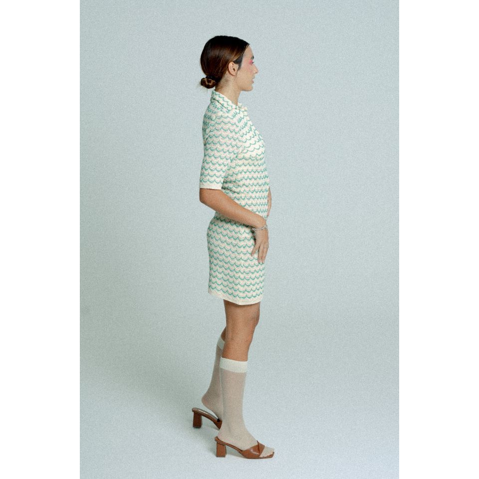 Light Weight Short Sleeve Button Up Cotton Knit Tennis Dress Green