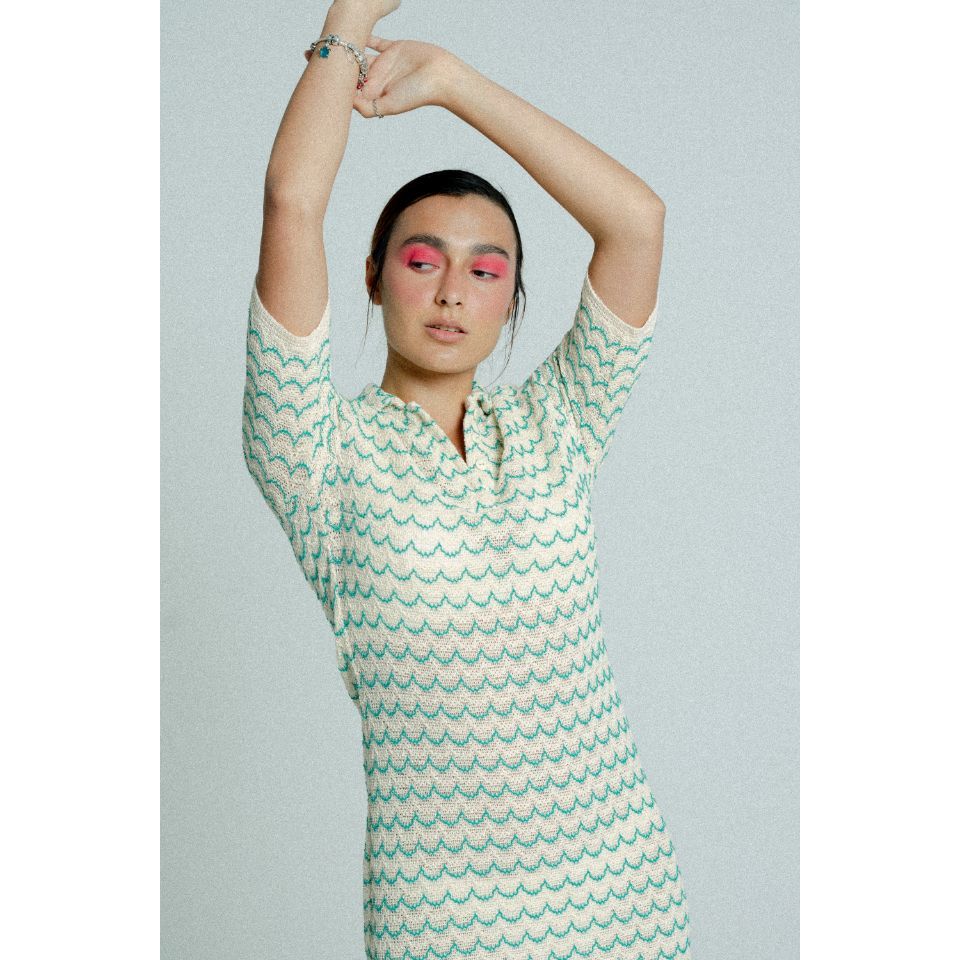 Light Weight Short Sleeve Button Up Cotton Knit Tennis Dress Green