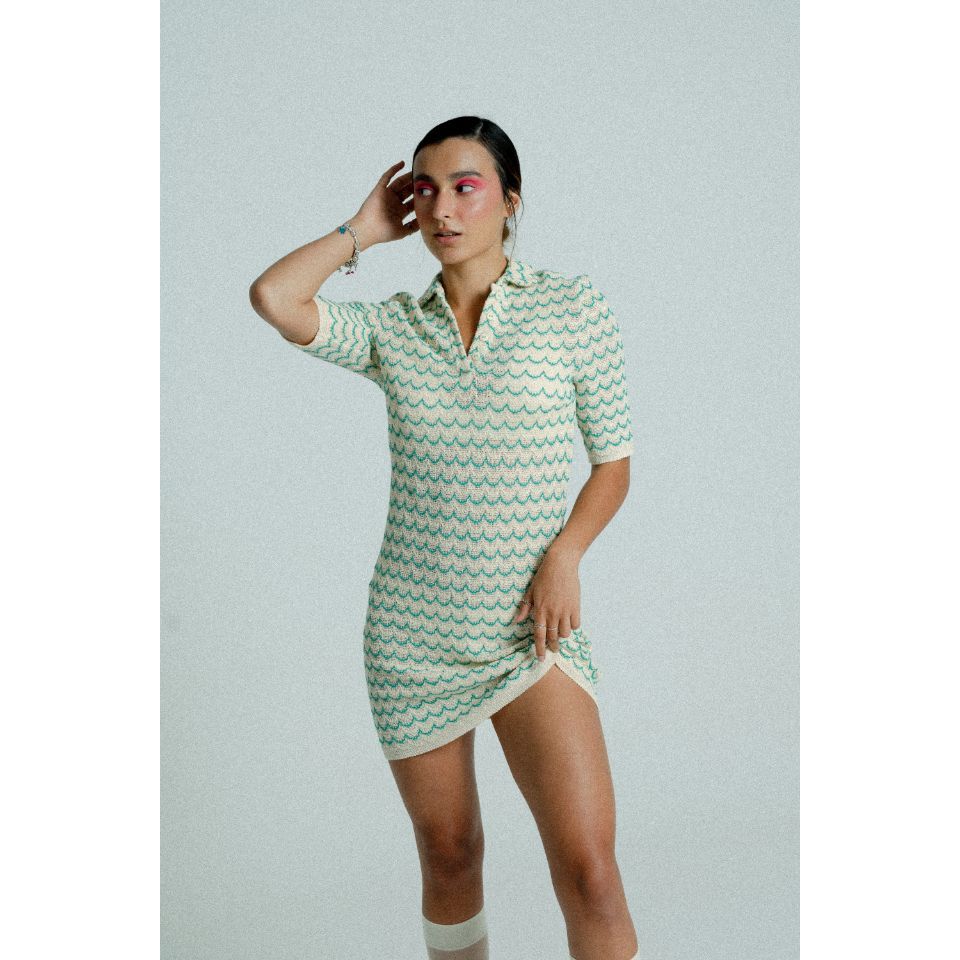 Light Weight Short Sleeve Button Up Cotton Knit Tennis Dress Green