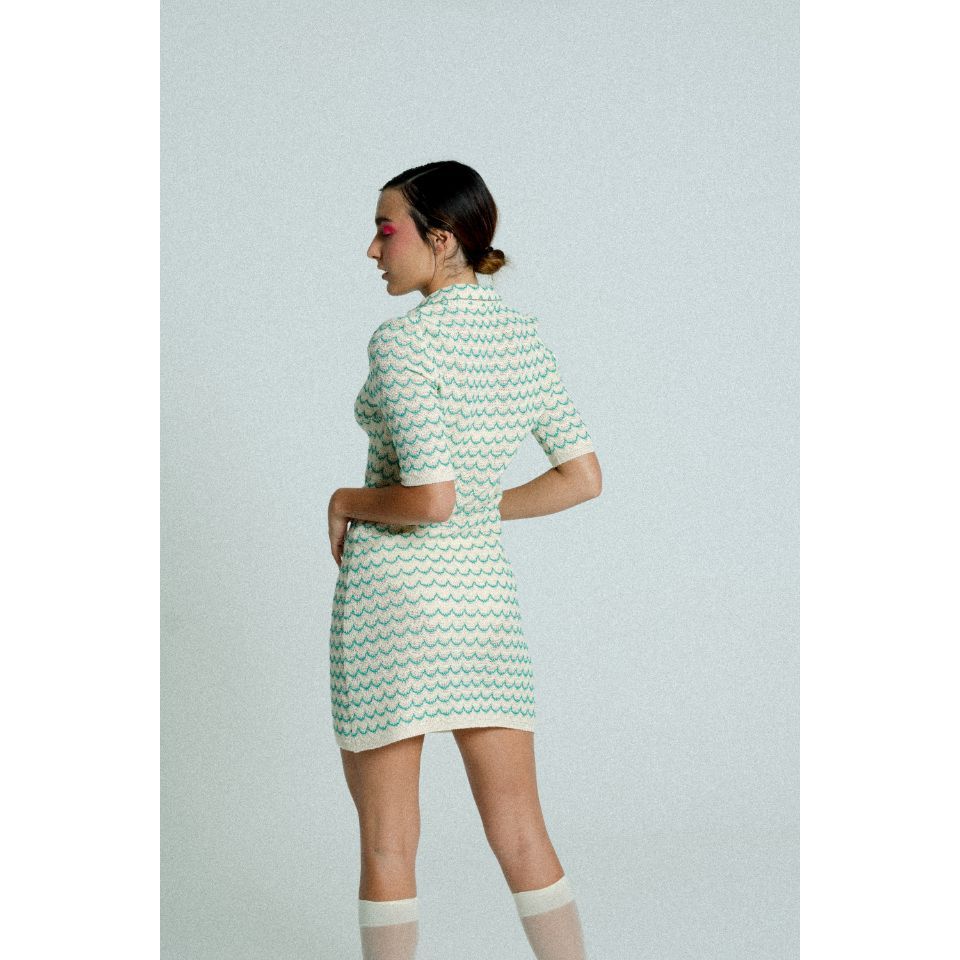 Light Weight Short Sleeve Button Up Cotton Knit Tennis Dress Green