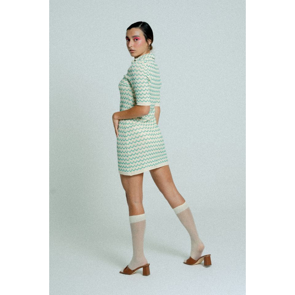 Light Weight Short Sleeve Button Up Cotton Knit Tennis Dress Green