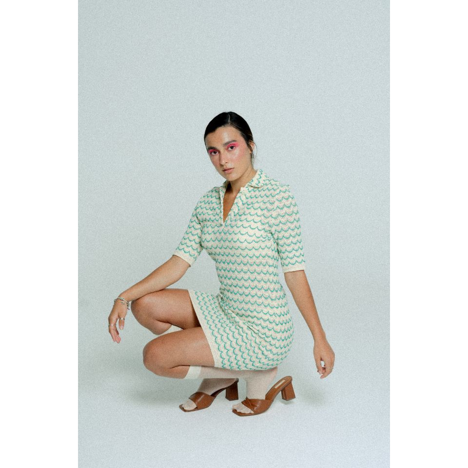 Light Weight Short Sleeve Button Up Cotton Knit Tennis Dress Green