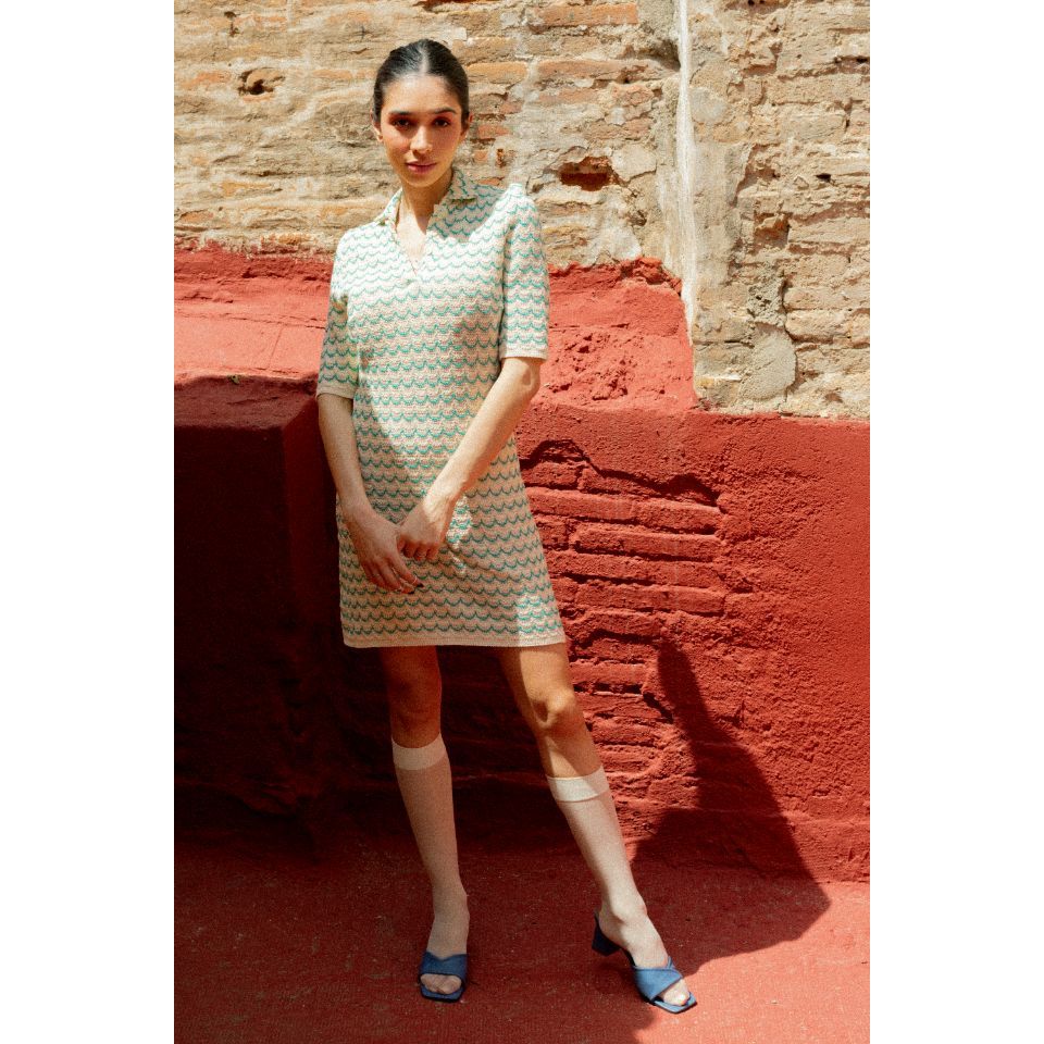 Light Weight Short Sleeve Button Up Cotton Knit Tennis Dress Green