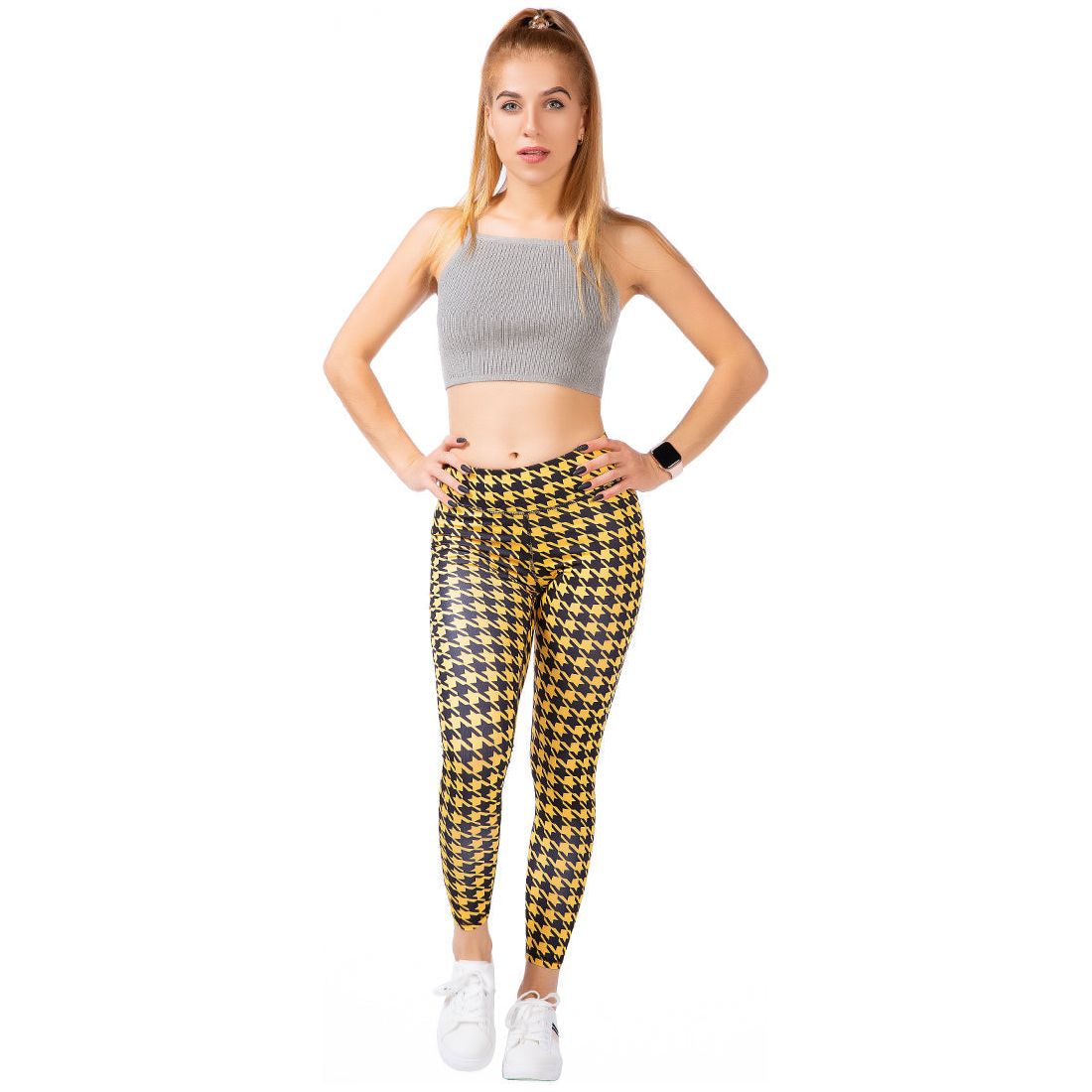 High Waist Yellow Hounds Tooth Running Leggings