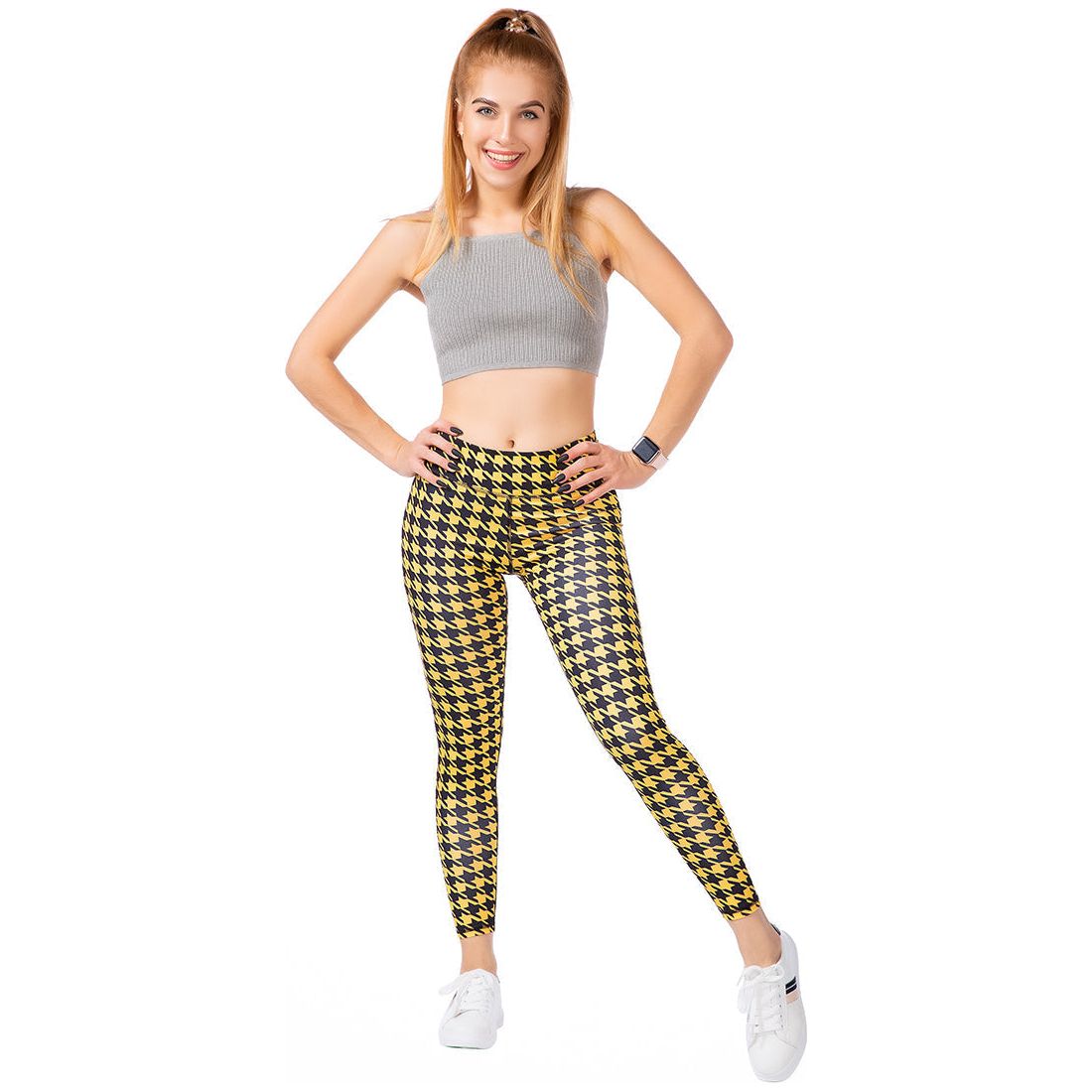 High Waist Yellow Hounds Tooth Running Leggings