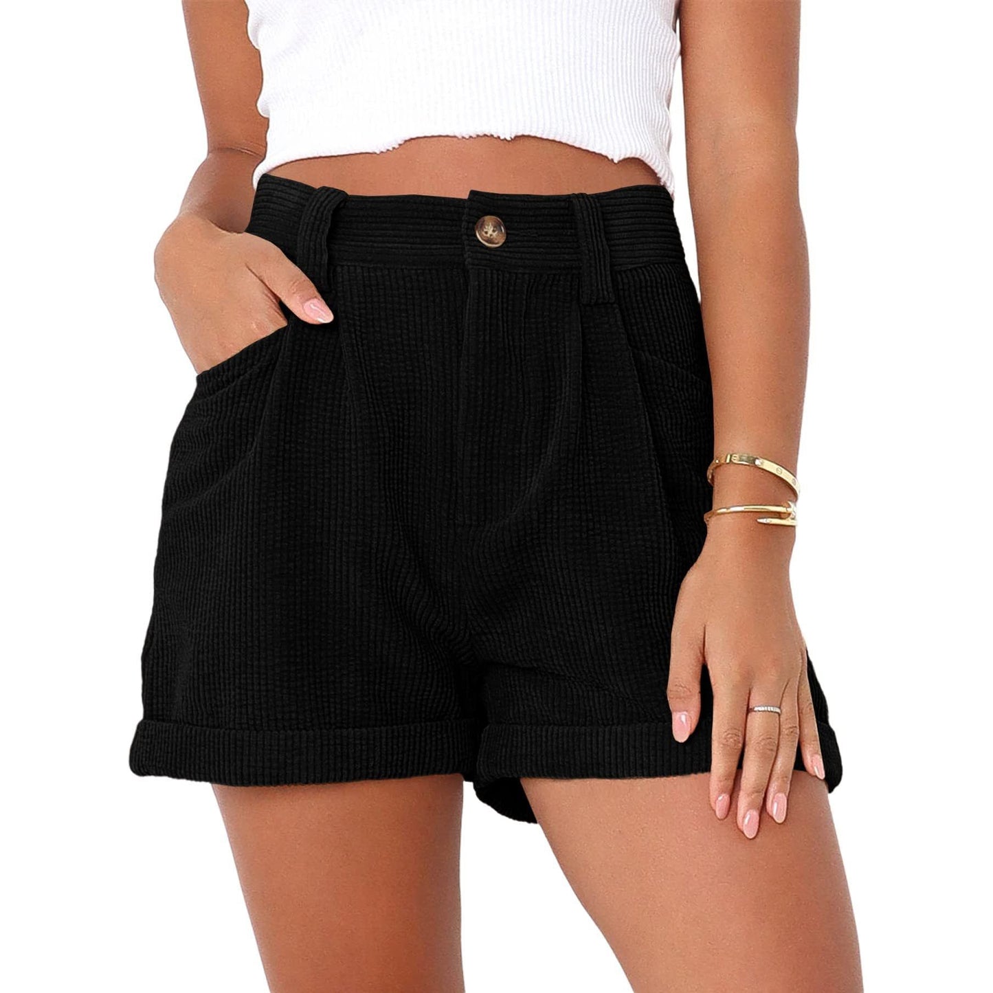 High waisted solid corduroy loose shorts - Sportkyu