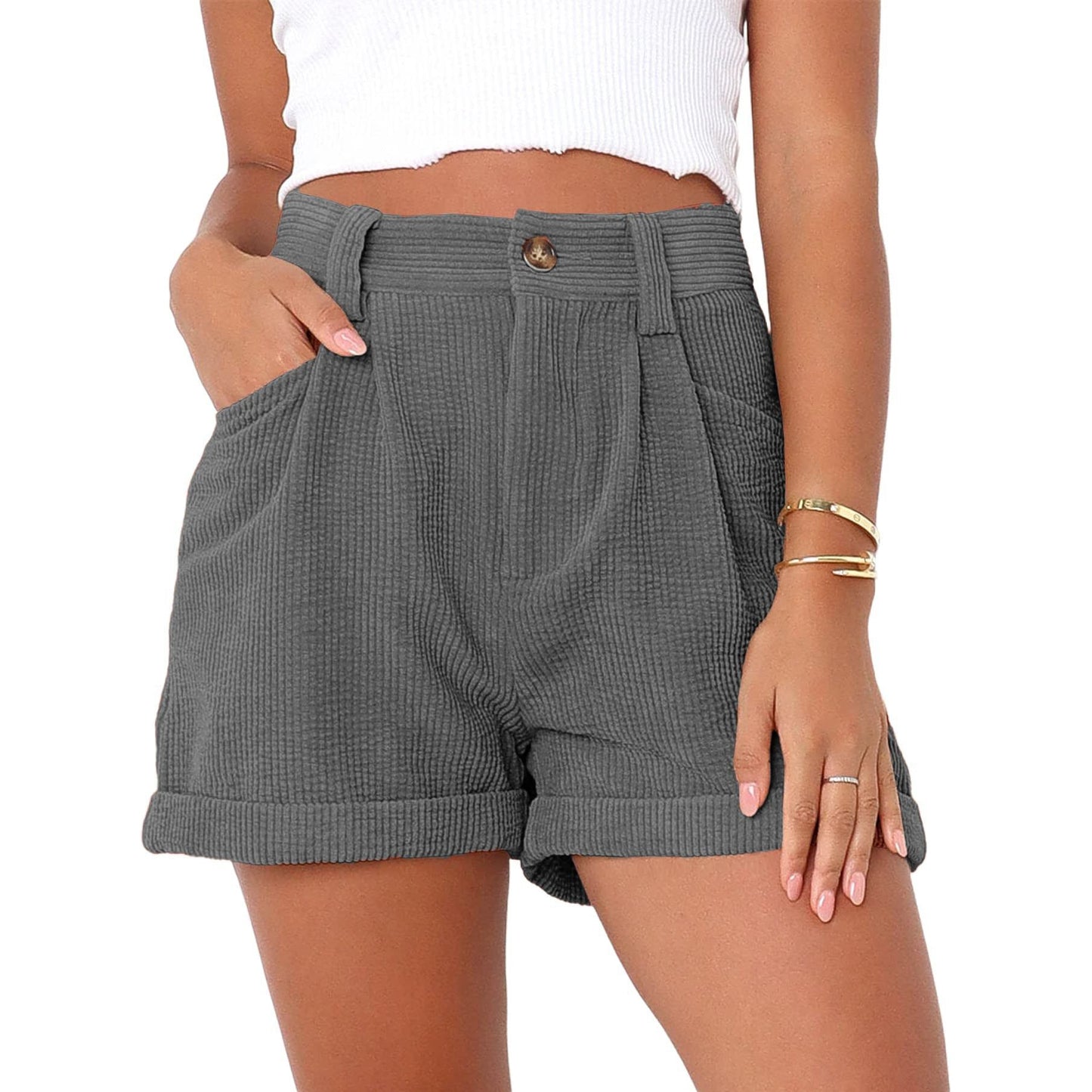 High waisted solid corduroy loose shorts - Sportkyu