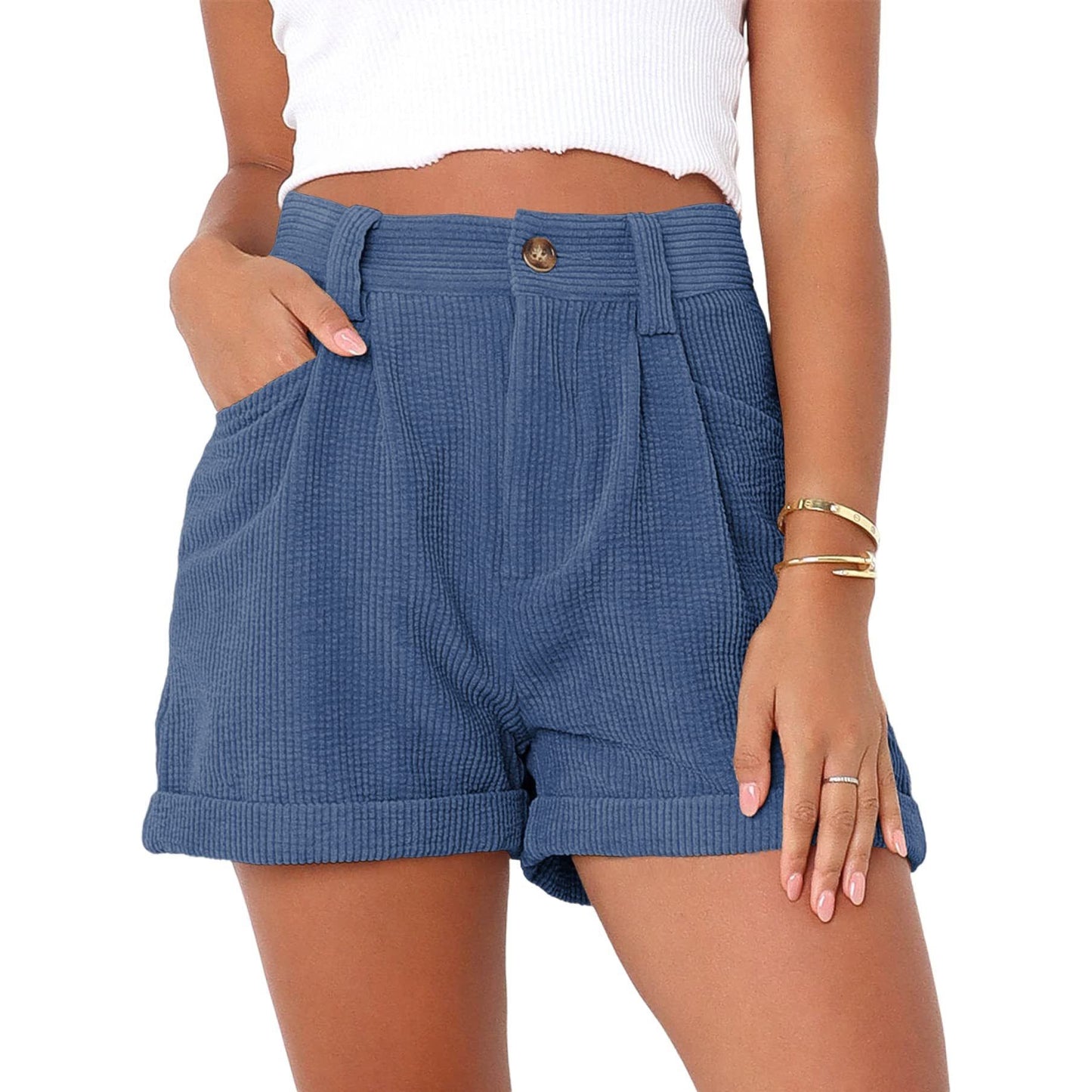High waisted solid corduroy loose shorts - Sportkyu