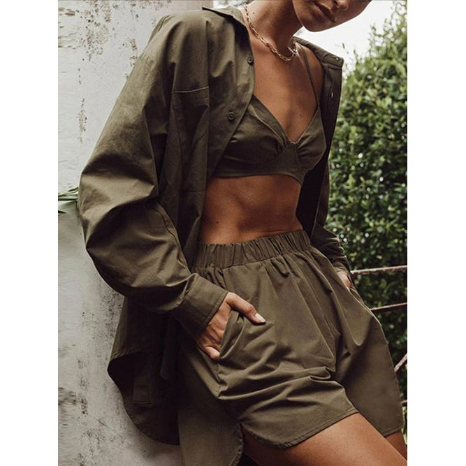 Tracksuit Stripe Shirt Shorts Three Piece Set Long Sleeve Top And Mini - Sportkyu