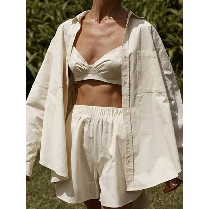 Tracksuit Stripe Shirt Shorts Three Piece Set Long Sleeve Top And Mini - Sportkyu