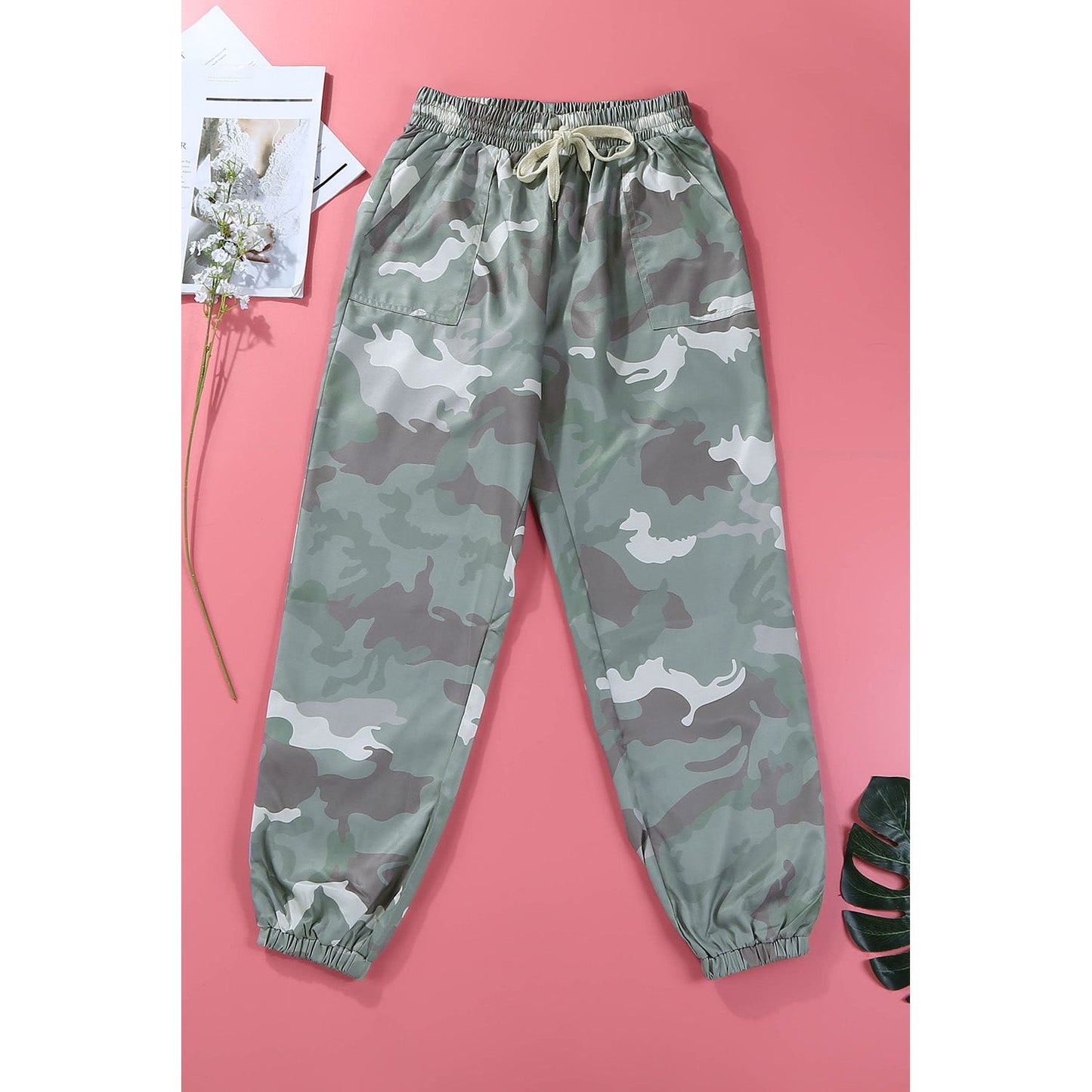 Green Elastic Waist Neon Camo Joggers