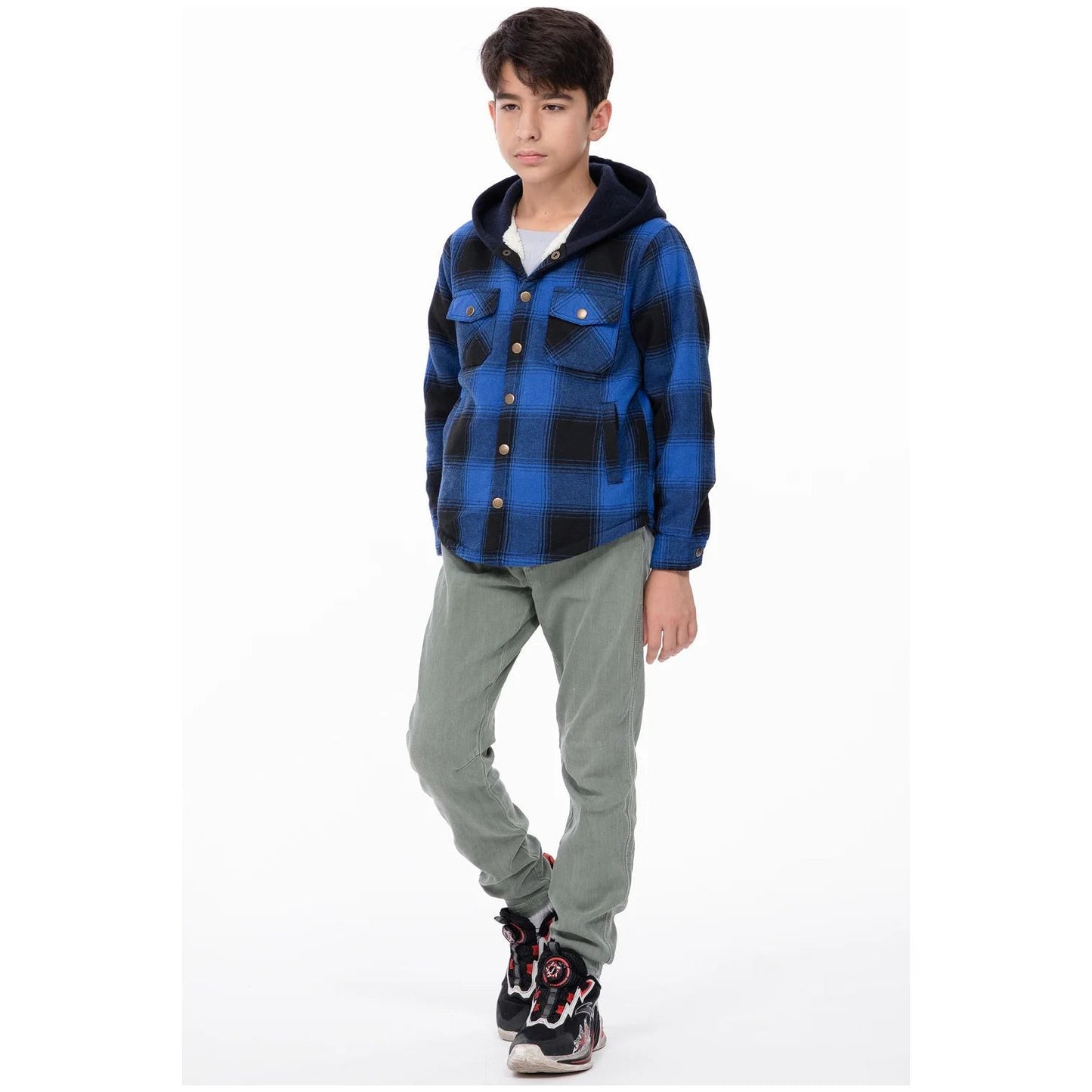 Kids Boys and Girls Fleece-Lined Snap Flannel Shirt,Hooded Plaid