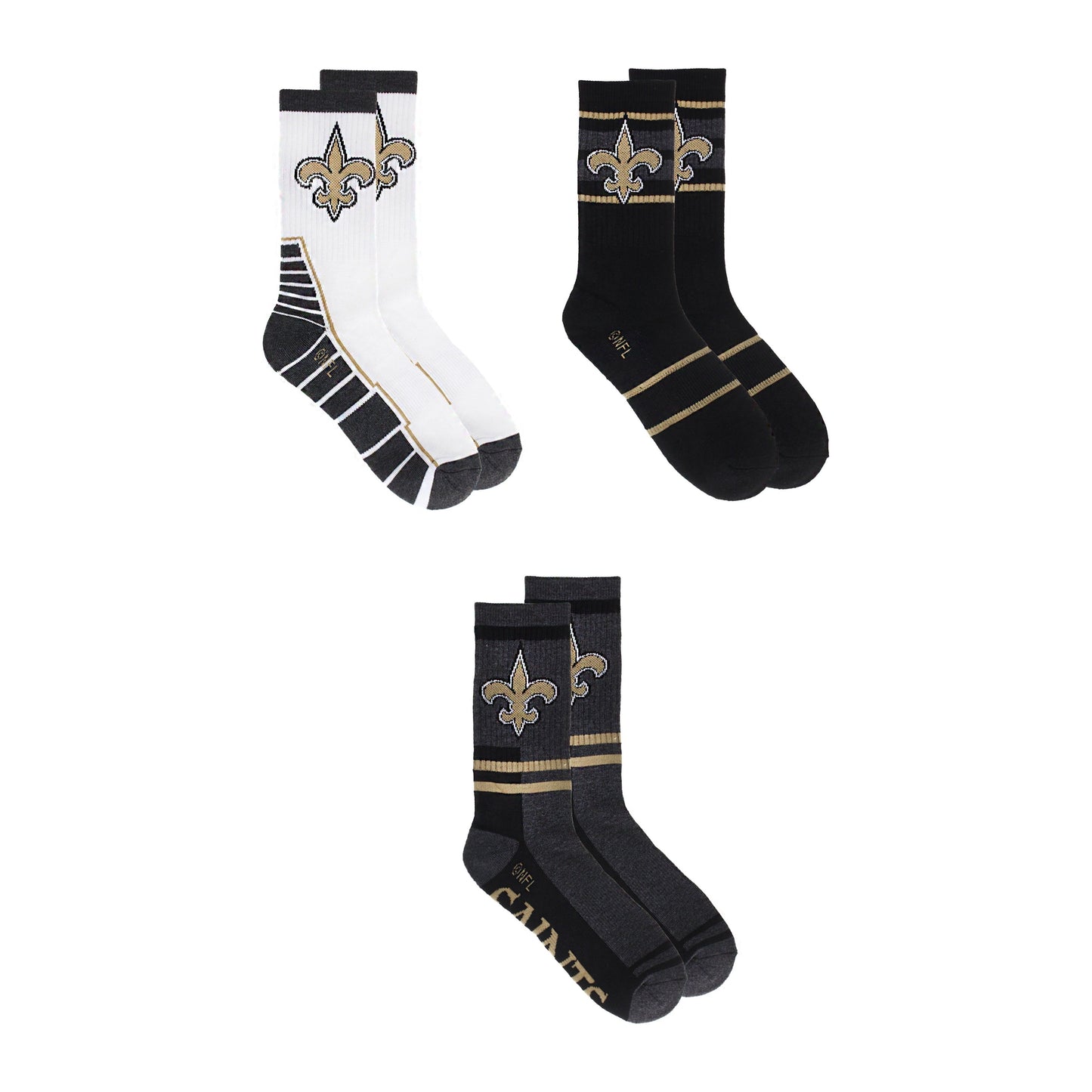 New Orleans Saints Socks 3 Pack Crew Length NFL Football