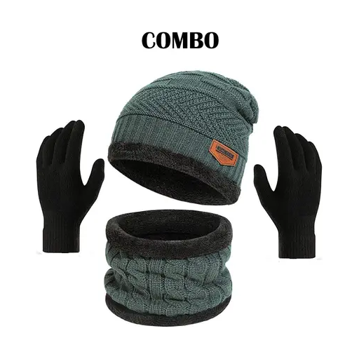 Grey Winter Woolen Beanie Cap with muffler-(Pack of 1)