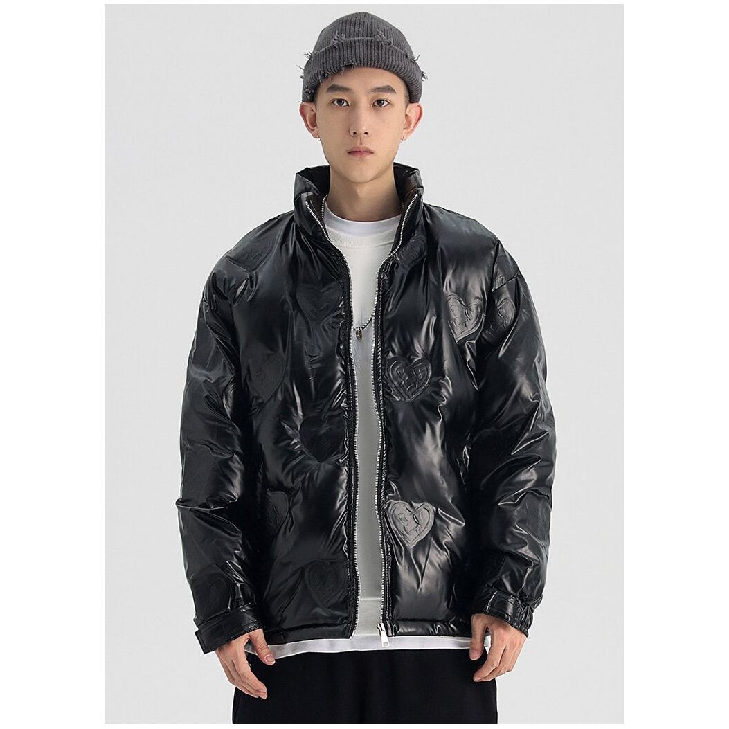 Winter Jacket Men Heart Embossing Solid Color Zipper Black Parkas