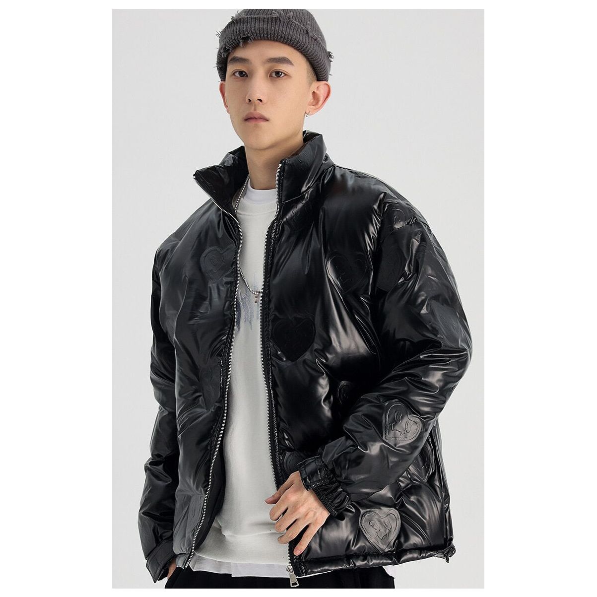 Winter Jacket Men Heart Embossing Solid Color Zipper Black Parkas