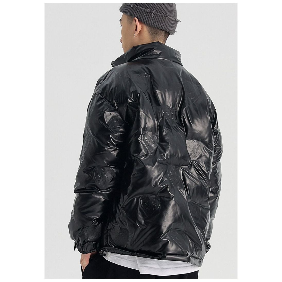Winter Jacket Men Heart Embossing Solid Color Zipper Black Parkas