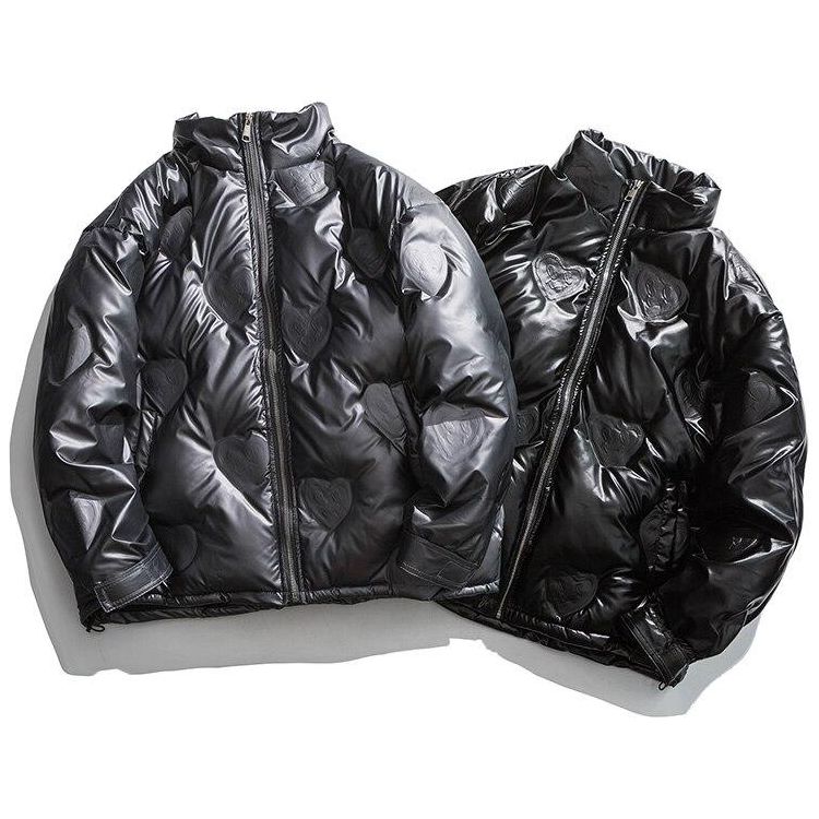 Winter Jacket Men Heart Embossing Solid Color Zipper Black Parkas