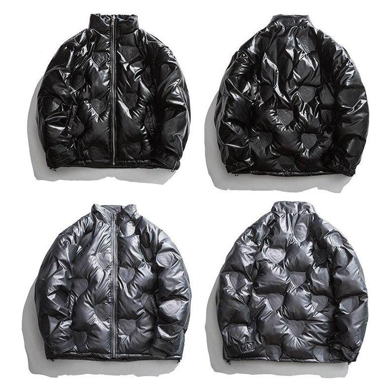 Winter Jacket Men Heart Embossing Solid Color Zipper Black Parkas
