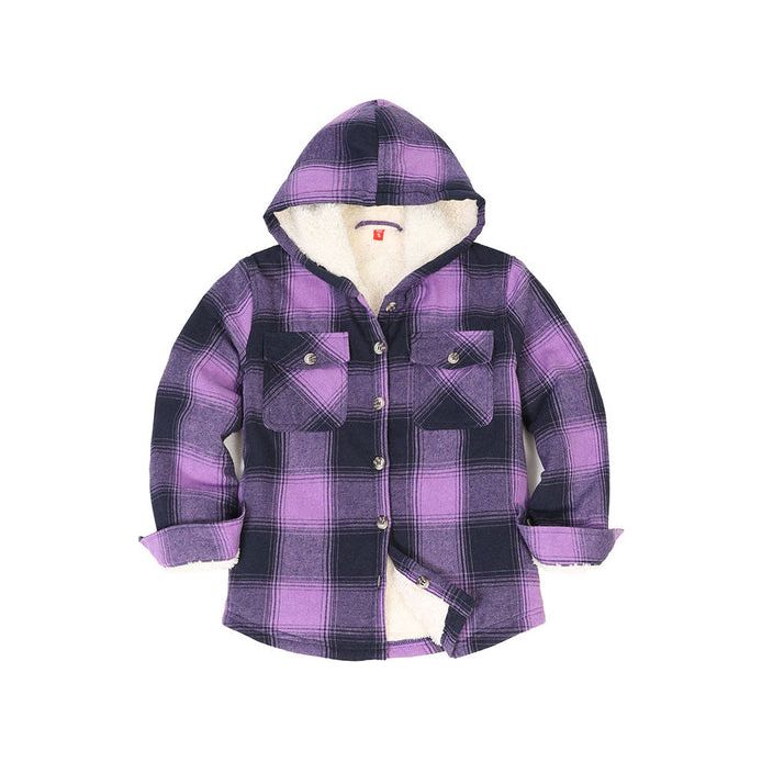 Girls Hooded Plaid Flannel Shirt Jacket,Sherpa Lined