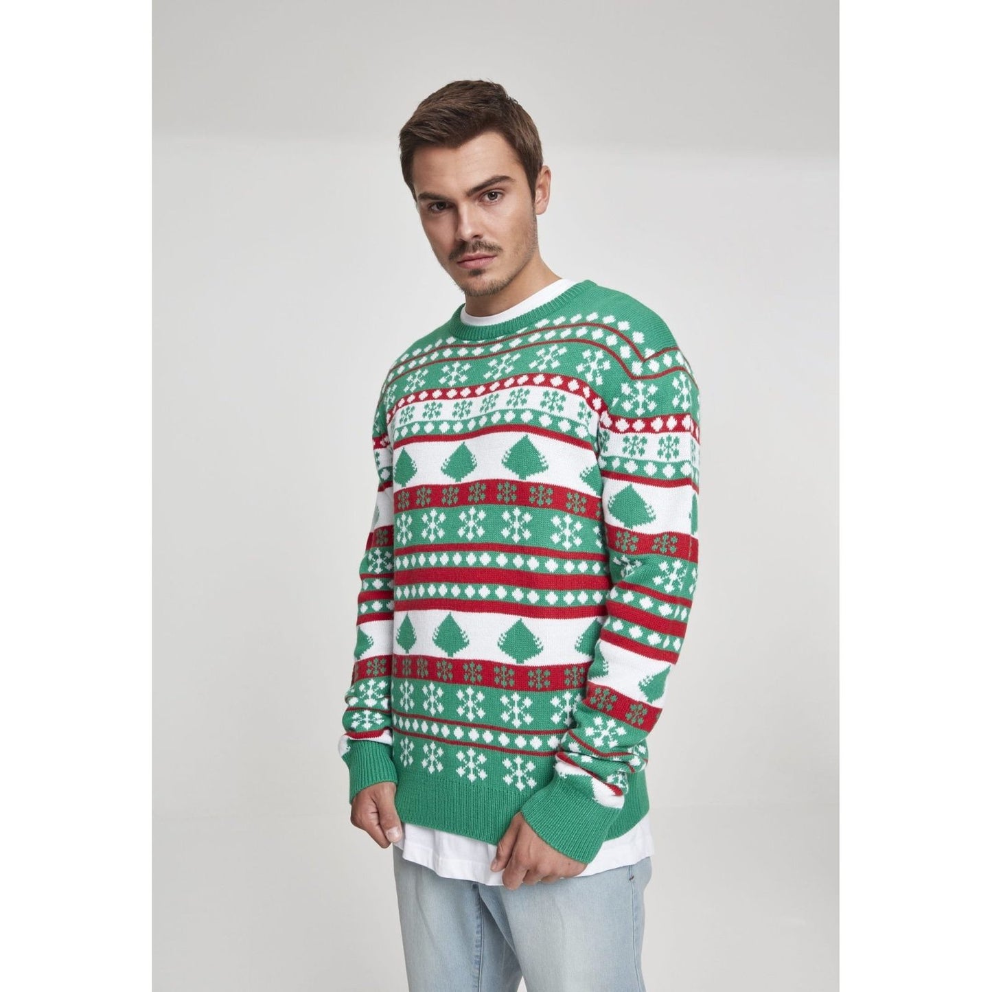 Snowflake Christmas Tree Sweater - Green White Red