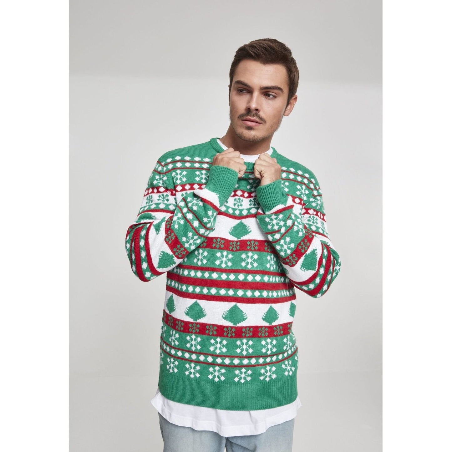 Snowflake Christmas Tree Sweater - Green White Red
