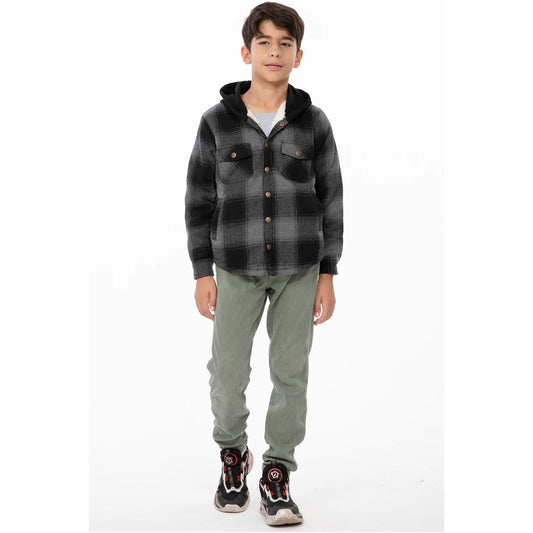 Kids Boys and Girls Fleece-Lined Snap Flannel Shirt,Hooded Plaid