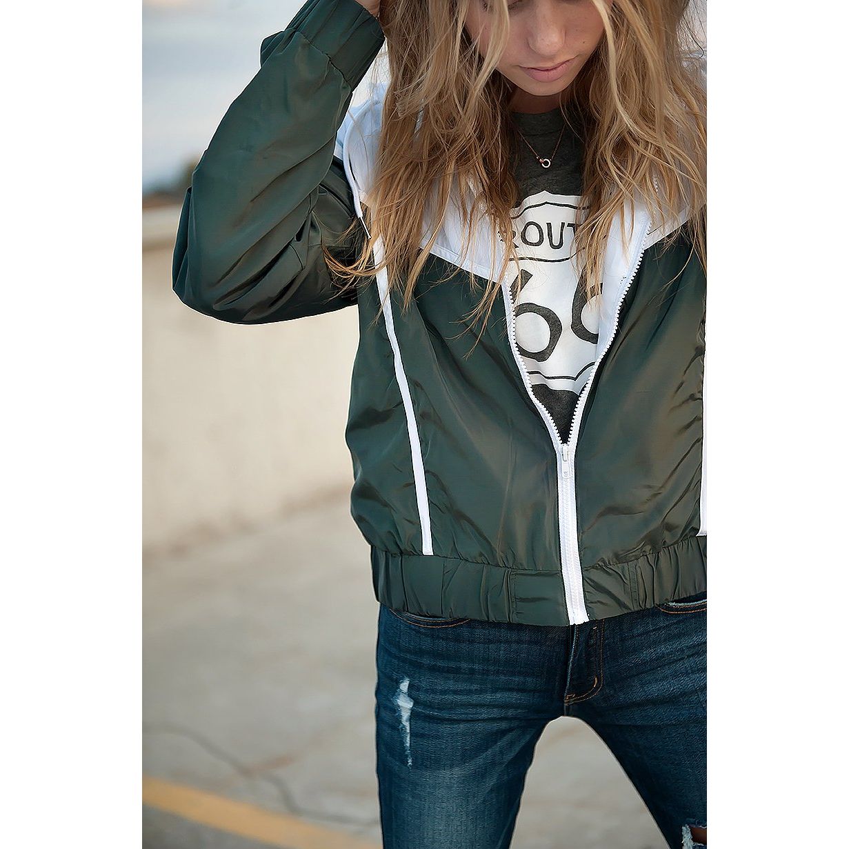 DT Green & White drawstring windbreaker jacket