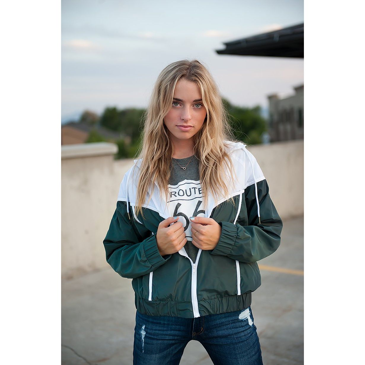 DT Green & White drawstring windbreaker jacket