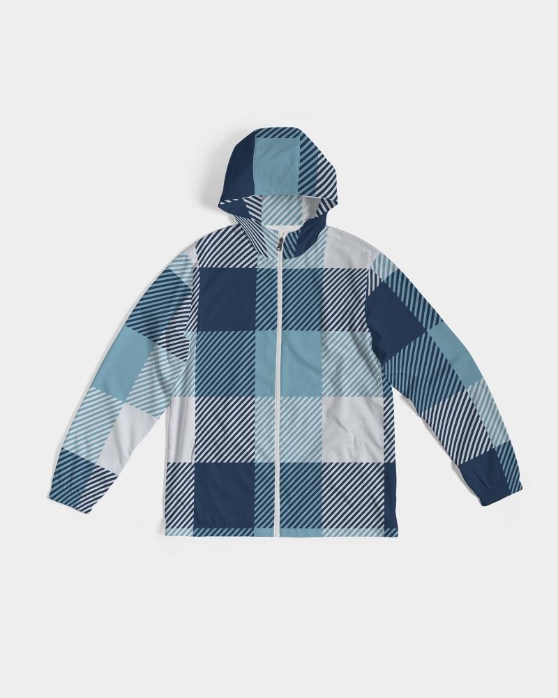 Mens Hooded Windbreaker - Tartan Plaid Blue Water Resistant Jacket