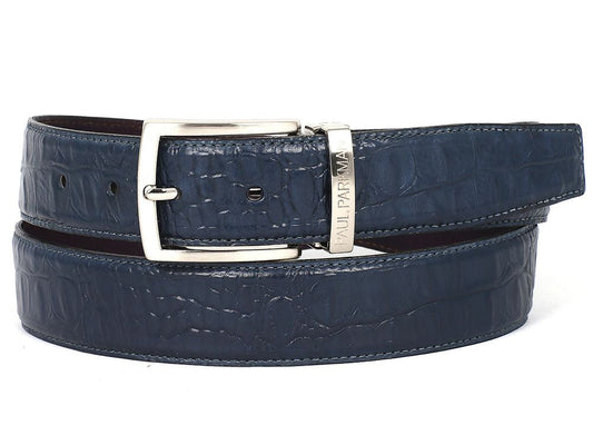 PAUL PARKMAN Men's Crocodile Textured Leather Belt Navy (ID#B02-NVY)