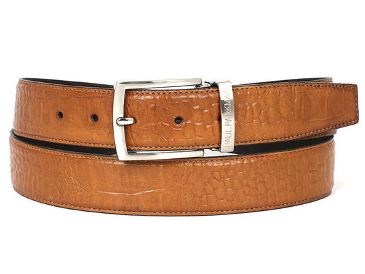 PAUL PARKMAN Men's Crocodile Textured Leather Belt Camel (ID#B02-CML)