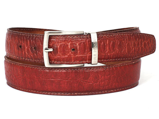 PAUL PARKMAN Men's Crocodile Textured Leather Belt Reddish