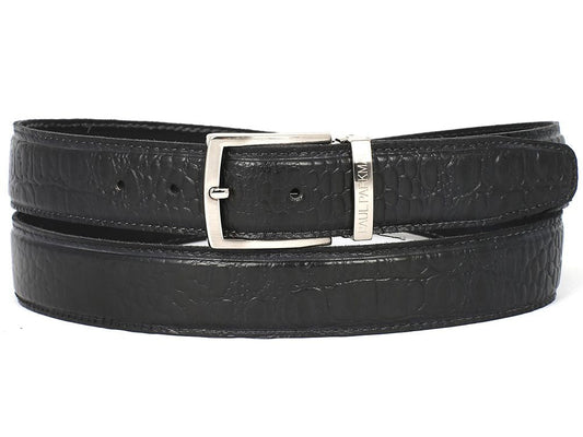 PAUL PARKMAN Men's Crocodile Textured Leather Belt Black (ID#B02-BLK)