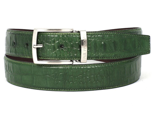 PAUL PARKMAN Men's Crocodile Textured Leather Belt Green (ID#B02-GRN)