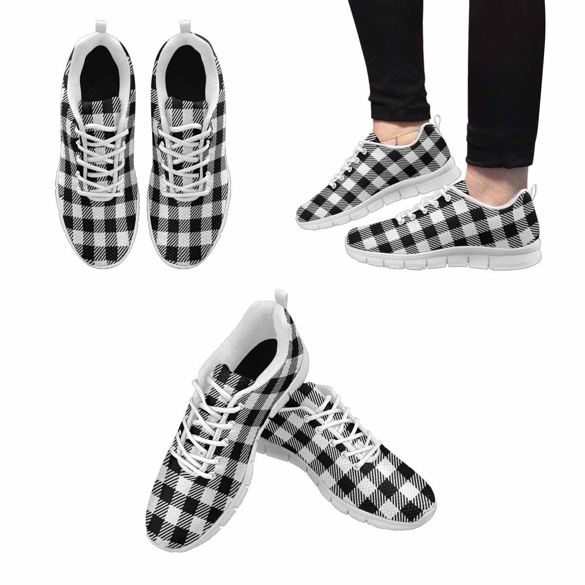 Sneakers For Men, Buffalo Plaid Black And White Running Shoes