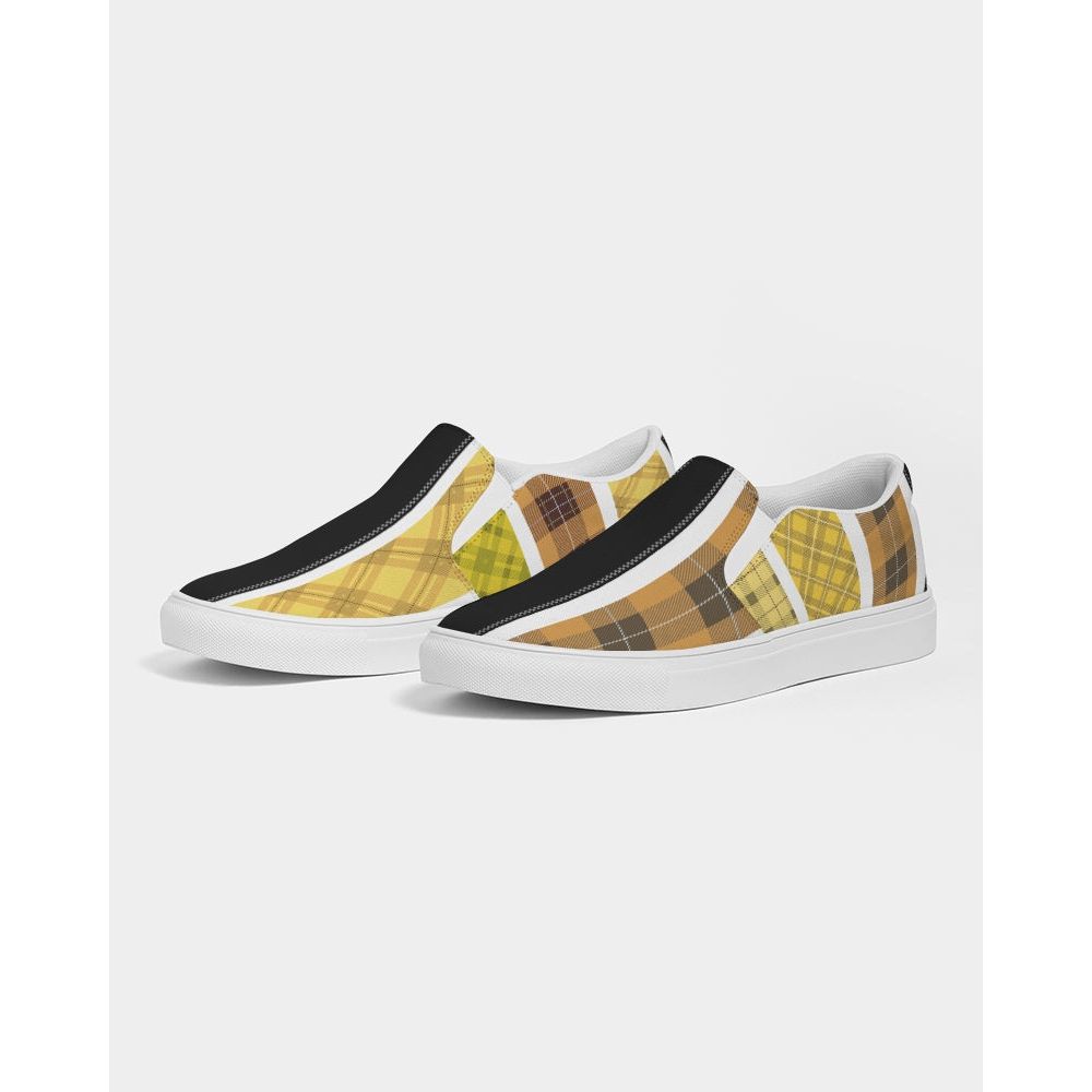 Mens Sneakers Slip On Canvas Yellow And Black Tartan Pattern