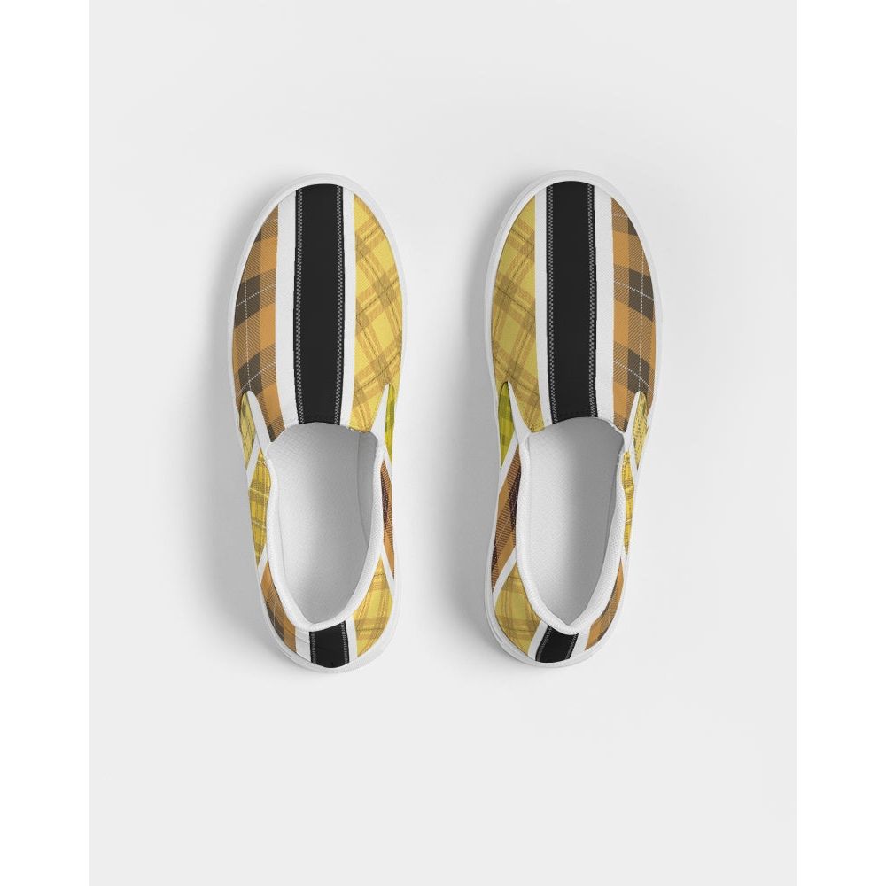 Mens Sneakers Slip On Canvas Yellow And Black Tartan Pattern