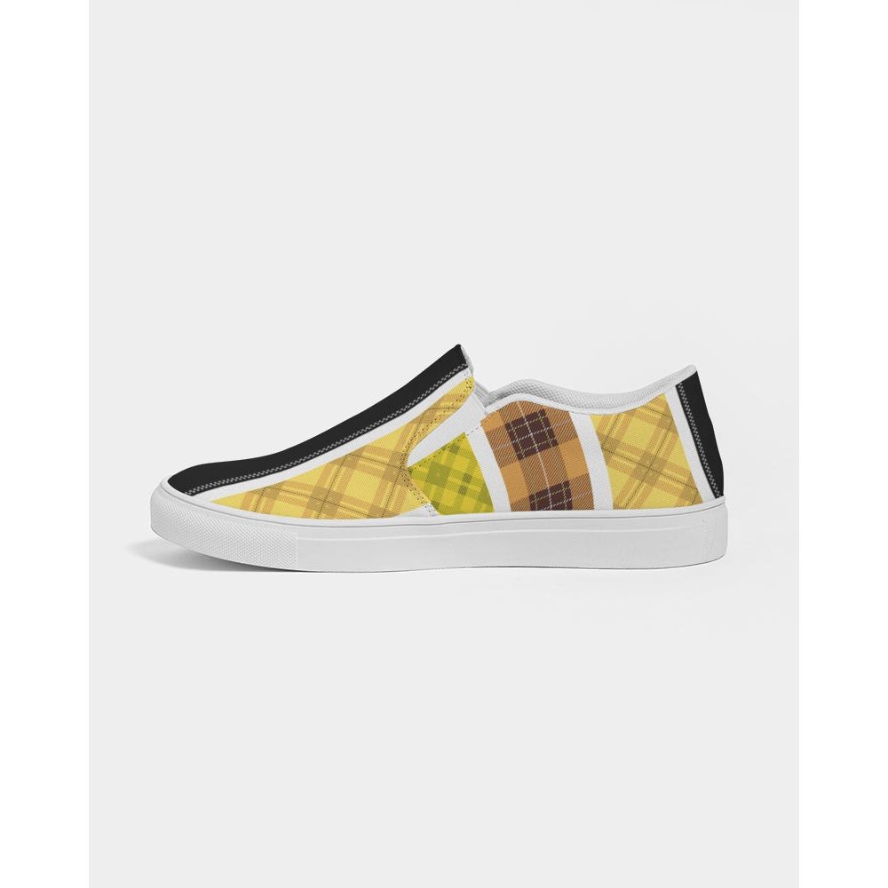 Mens Sneakers Slip On Canvas Yellow And Black Tartan Pattern