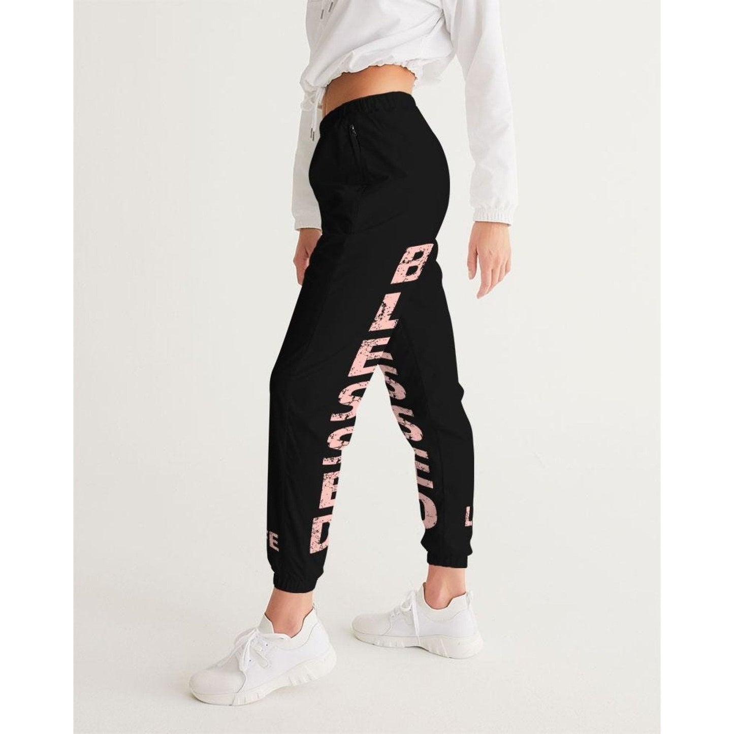 Womens Track Pants - Black & Peach Blessed Graphic Sports Pants