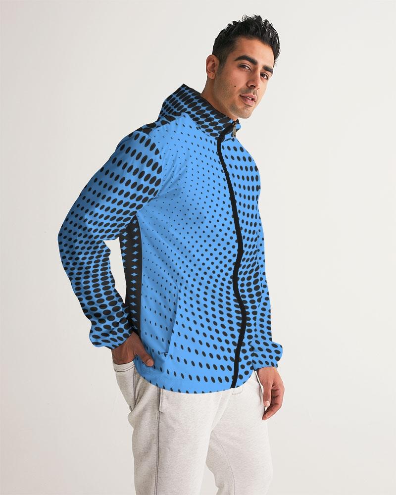 Mens Hooded Windbreaker - Blue Polka Dot Water Resistant Jacket -