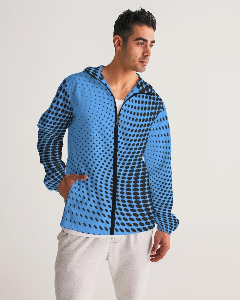 Mens Hooded Windbreaker - Blue Polka Dot Water Resistant Jacket -