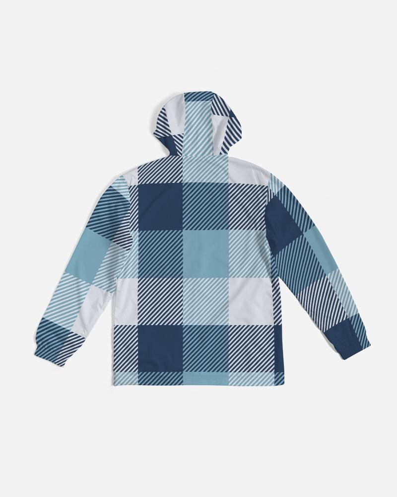 Mens Hooded Windbreaker - Tartan Plaid Blue Water Resistant Jacket