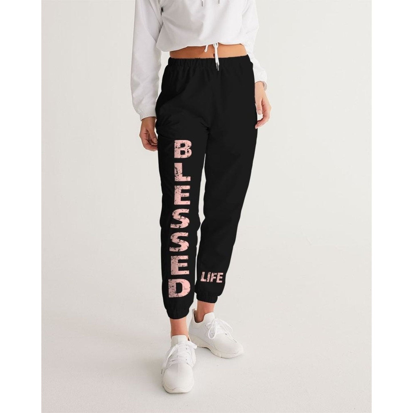 Womens Track Pants - Black & Peach Blessed Graphic Sports Pants