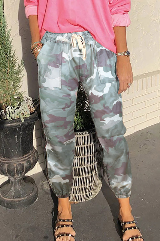 Green Elastic Waist Neon Camo Joggers